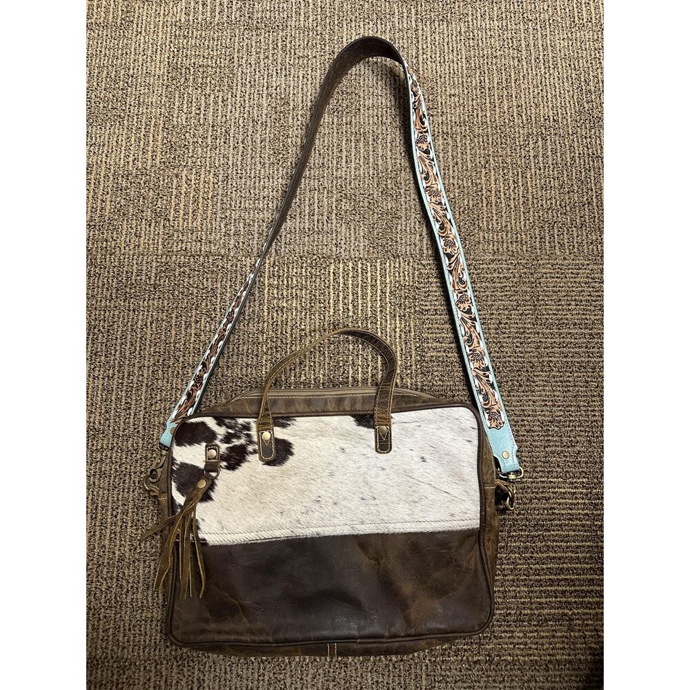 Myra Bag Messenger Bag Womens Brown Leather Animal Print Cowhide Western Style